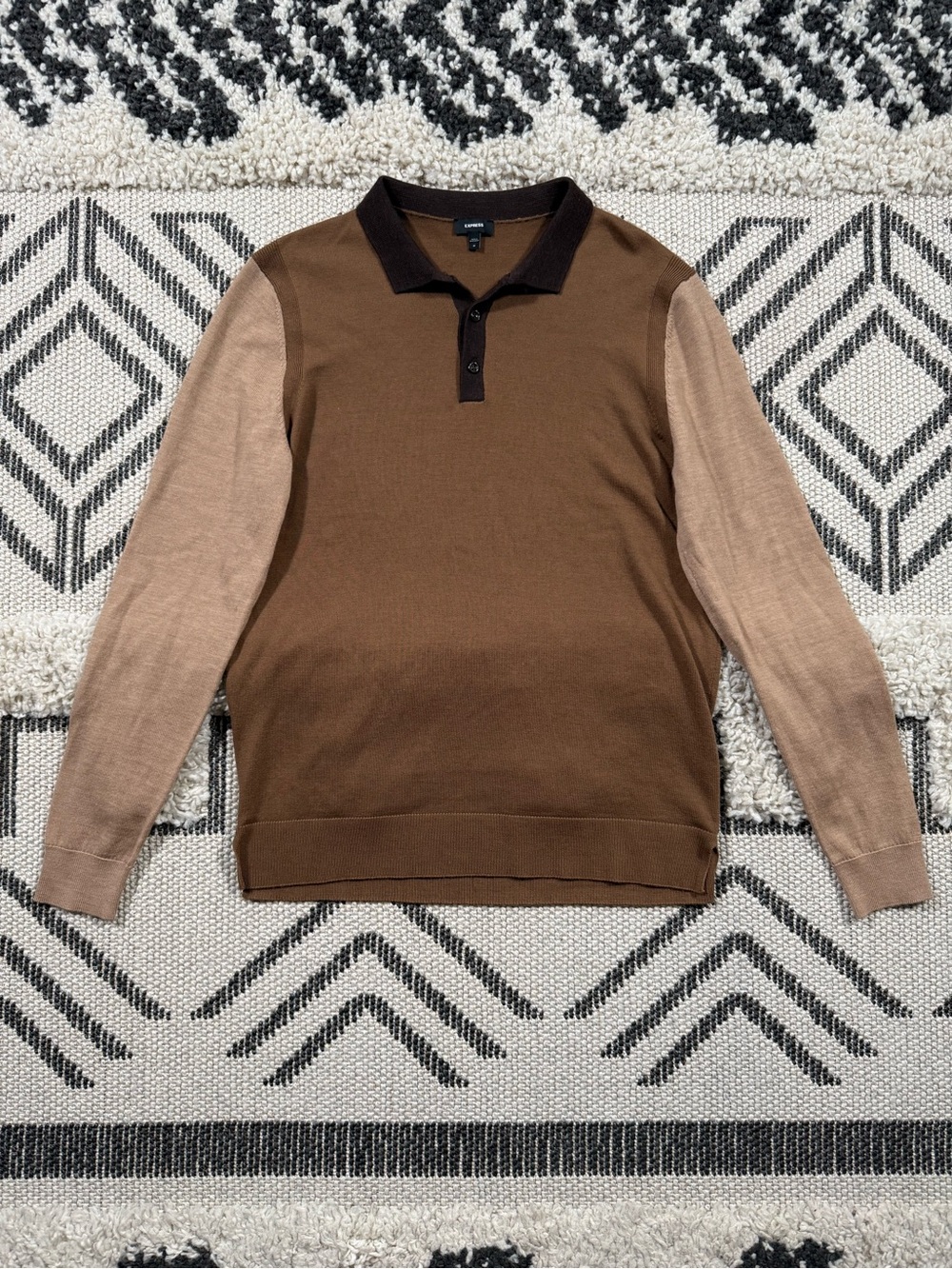 Men’s Express Merino Wool Brown Colorblock Sweater Polo Size M